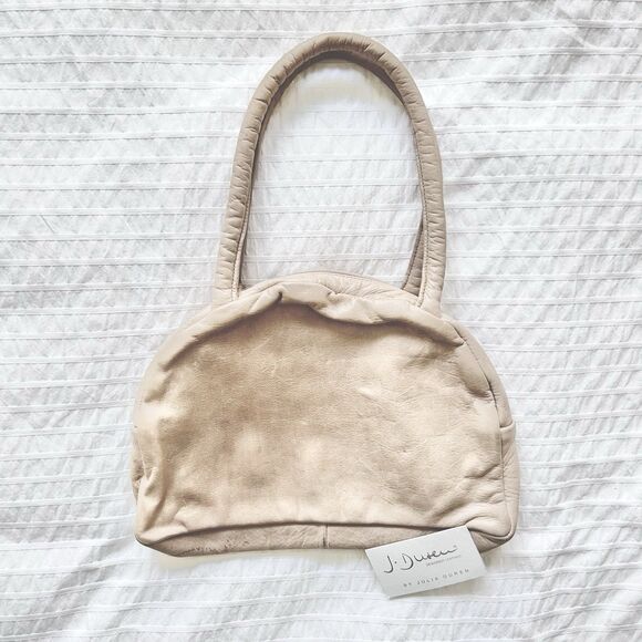 Vintage Julia Duren Beige Leather Handbag Rain Guarded USA Made - Picture 1 of 16